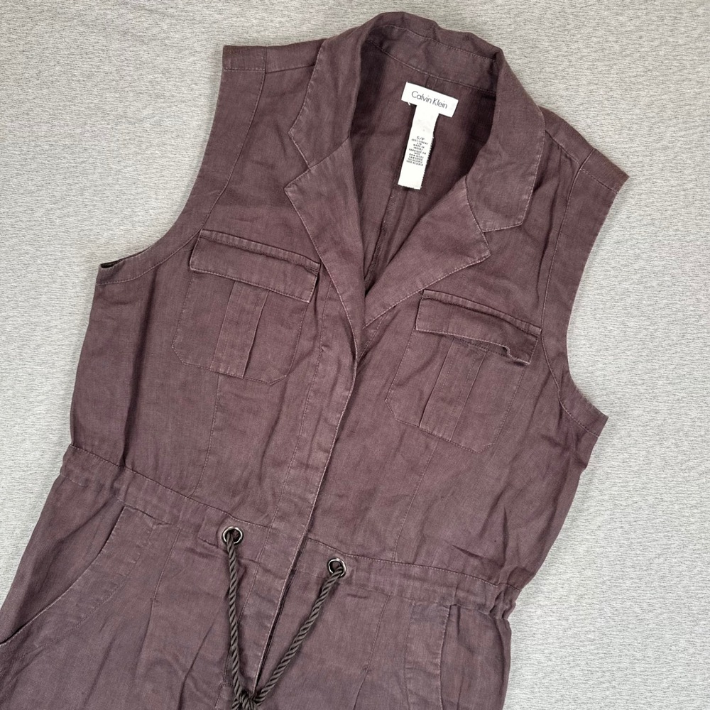 Calvin Klein Sleeveless Dress Womens Small Brown 100% Linen Utility Safari